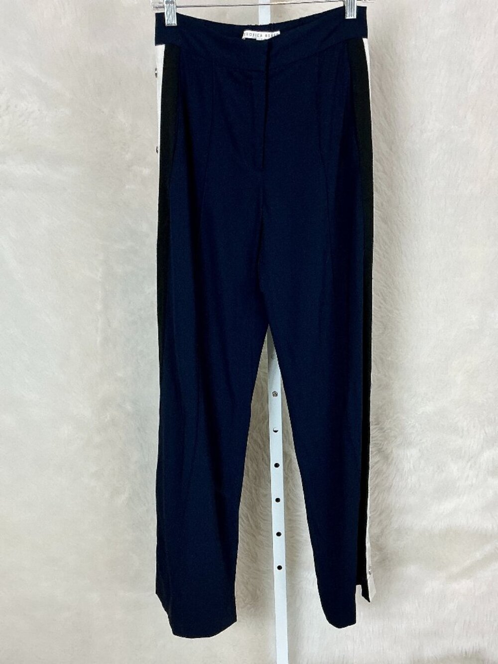 Veronica Beard Russo Blue Snap Leg Tuxedo Stripe Wide Leg Track Pant Trousers 0